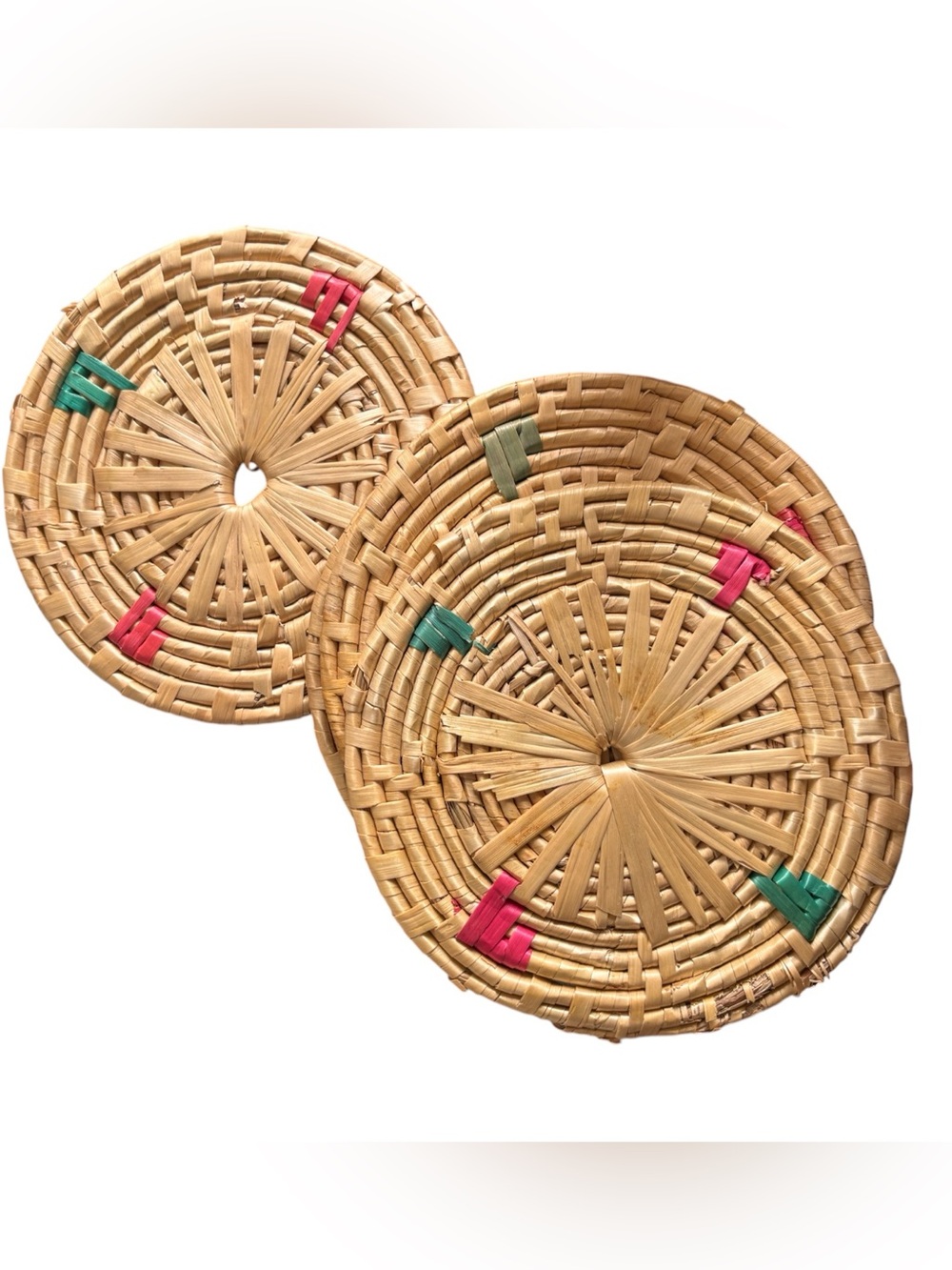 Set of 4 Vintage Round Woven Rattan  Trivet